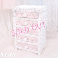 Pink × White Wicker Desk Cabinet