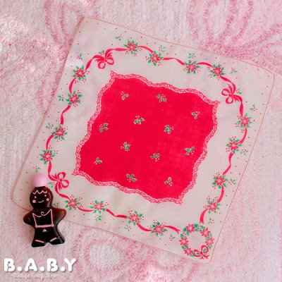 画像1: Christmas Cotton Hanky / Holly Ribbon