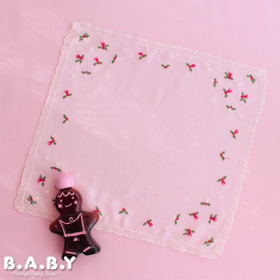 画像1: Christmas Cotton Hanky / Needlework Holly Bell