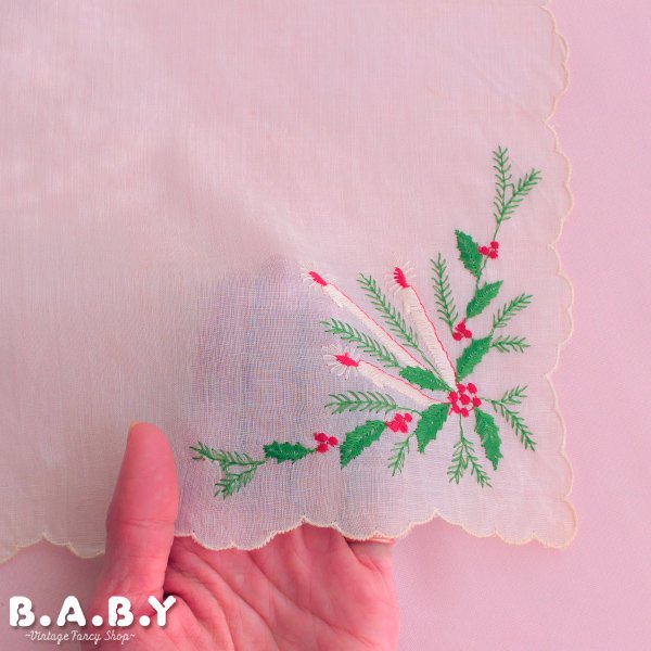 画像2: Christmas Cooton Hanky / Scallop Needlework Holly Candle (2)